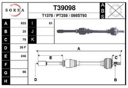 Полуось PSA 307, C4  (1.6-2.0i АКПП) правая